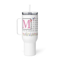 F2F Life floral word search travel tumbler with pink initial, 40oz travel tumbler with handle cup