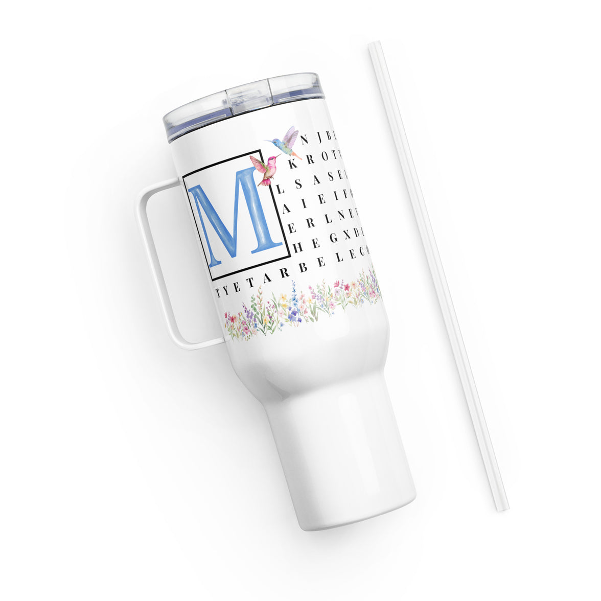 F2F Life floral word search travel tumbler with blue initial, 40oz side view with straw