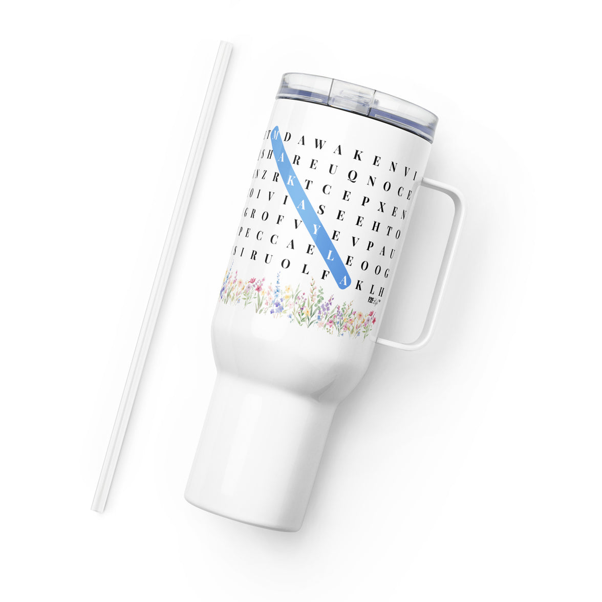 F2F Life floral word search travel tumbler with blue name, 40oz side view with straw