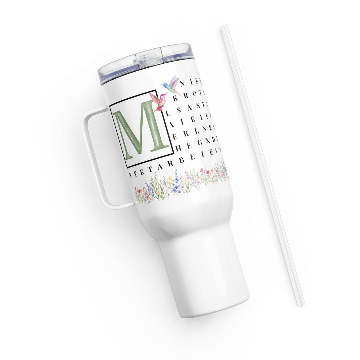 F2F Life floral word search travel tumbler with green initial, 40oz side view with straw