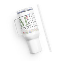 F2F Life floral word search travel tumbler with green initial, 40oz side view with straw