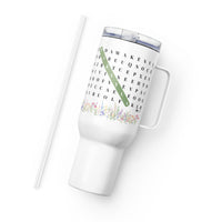 F2F Life floral word search travel tumbler with green name, 40oz side view with straw