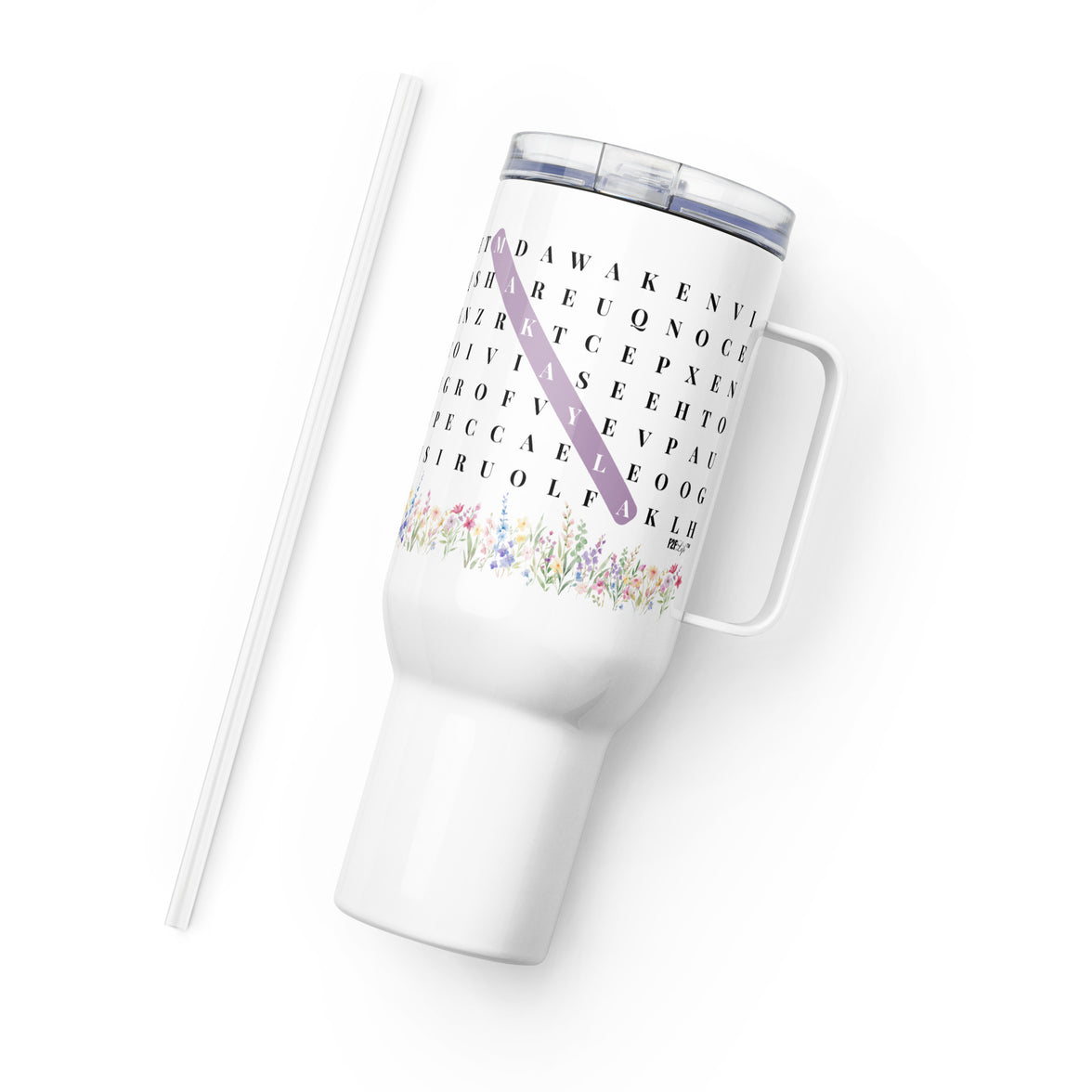 F2F Life floral word search travel tumbler with lavender name, 40oz side view with straw