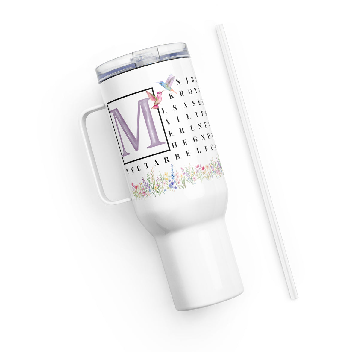 F2F Life floral word search travel tumbler with lavender initial, 40oz side view with straw