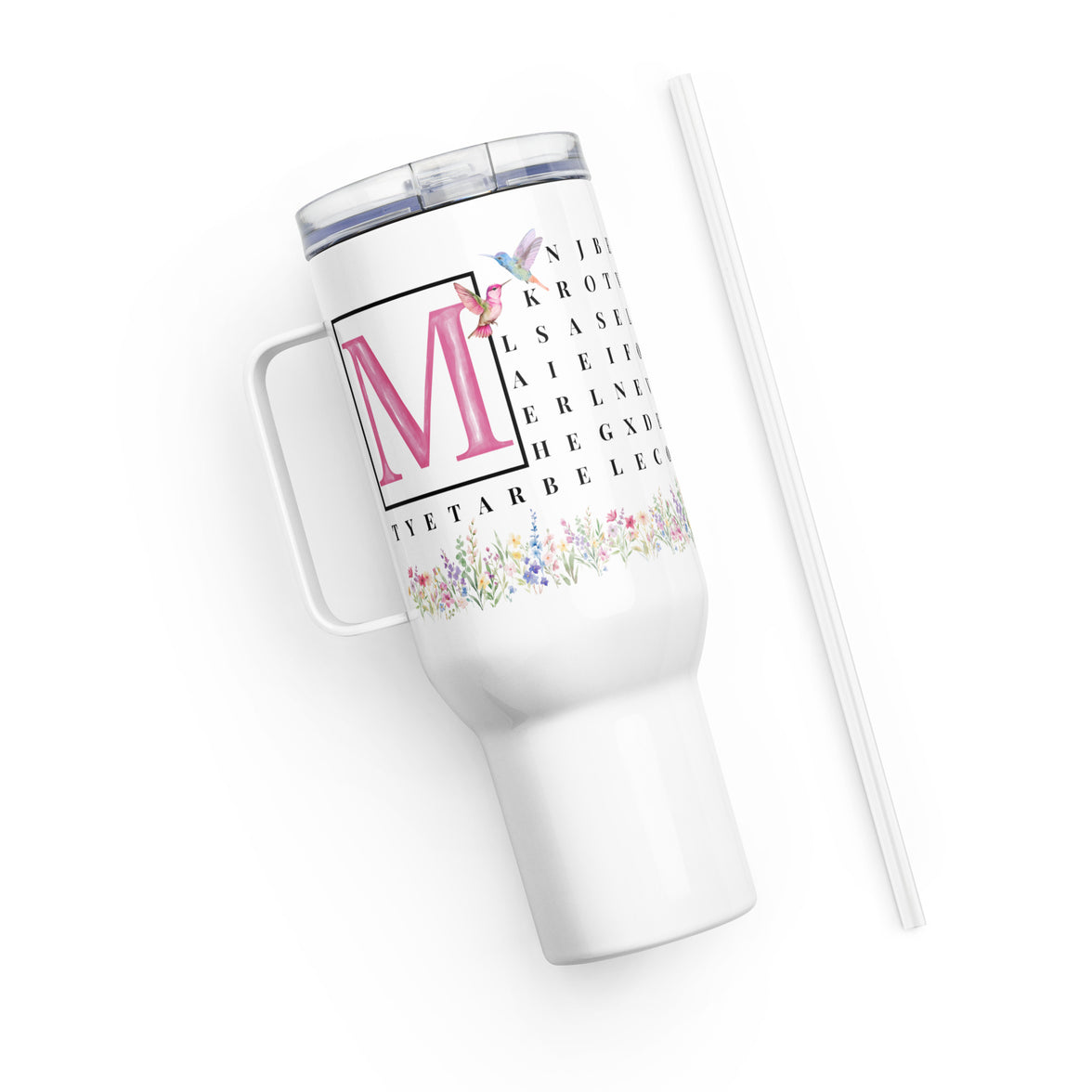 F2F Life floral word search travel tumbler with pink initial, 40oz side view with straw