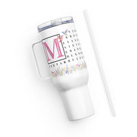F2F Life floral word search travel tumbler with pink initial, 40oz side view with straw