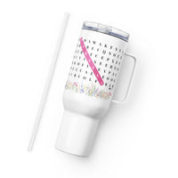 F2F Life floral word search travel tumbler with pink name, 40oz side view with straw
