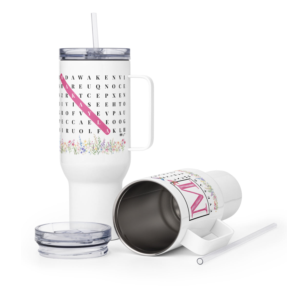 F2F Life floral word search travel tumbler 40oz glossy upright and inside view