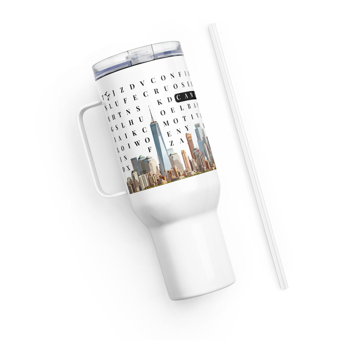 F2F Life success word search travel tumbler with New York City view, 40oz side view with straw