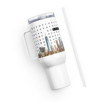 F2F Life success word search travel tumbler with New York City view, 40oz side view with straw