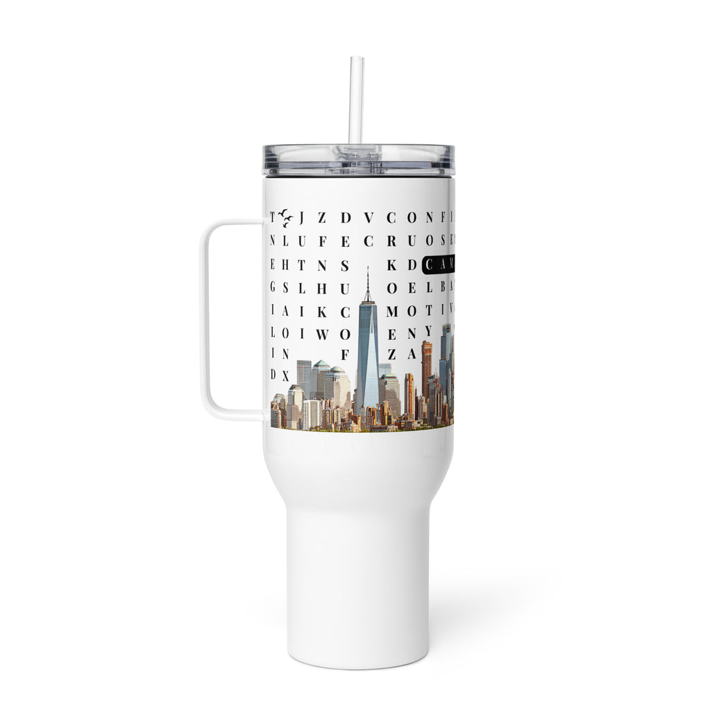 F2F Life success word search travel tumbler with New York city skyline, 40oz travel tumbler with handle cup