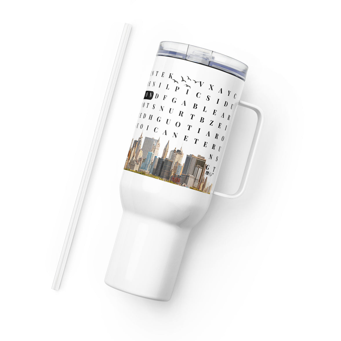 F2F Life success word search travel tumbler with puzzle, 40oz side view with straw