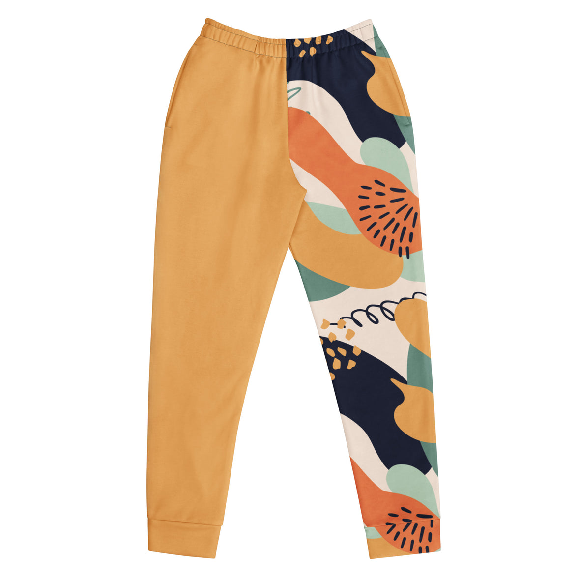 "Fierce & Fluid" joggers with abstract pattern and gold colorblock, women’s bold activewear front view
