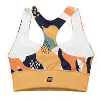 "Fierce & Fluid" longline sports bra with gold band, medium-high support activewear back view