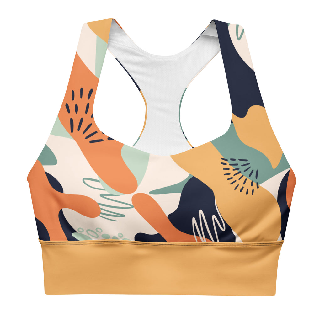"Fierce & Fluid" longline sports bra with orange band, medium-high support activewear front view