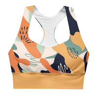 "Fierce & Fluid" longline sports bra with orange band, medium-high support activewear front view