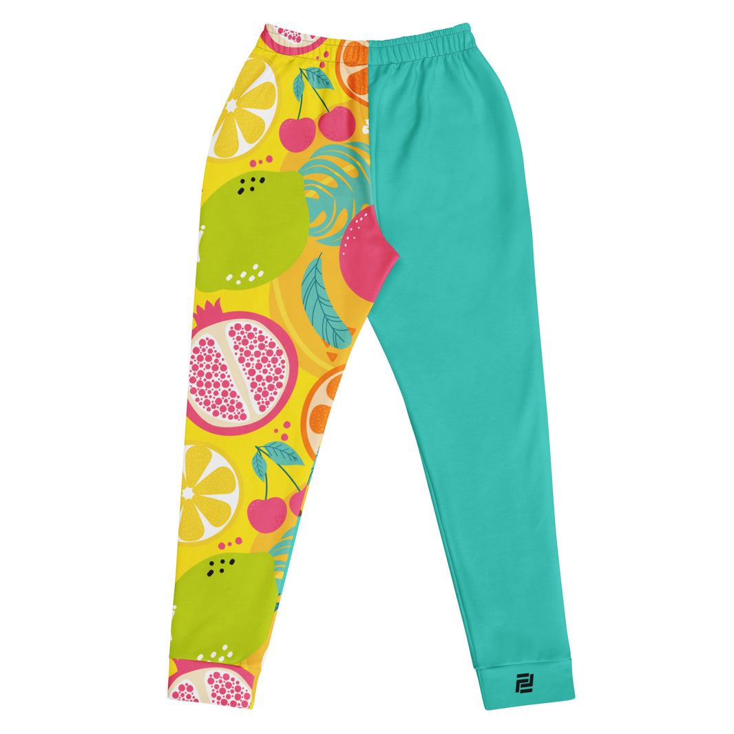 "Fresh Start" Fruit joggers with fruit pattern and teal colorblock, women’s bold activewear back view