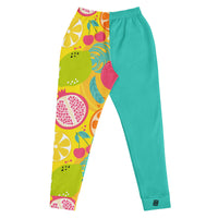 "Fresh Start" Fruit joggers with fruit pattern and teal colorblock, women’s bold activewear back view
