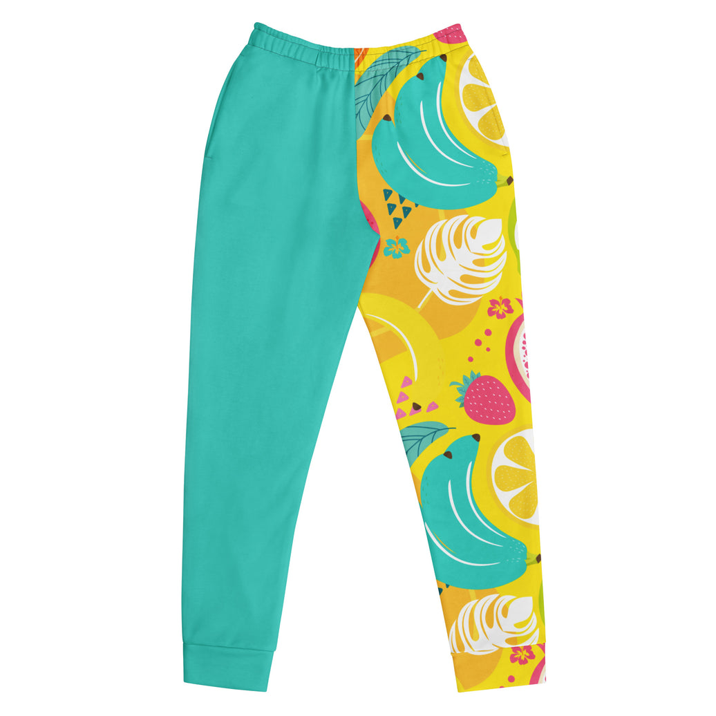 "Fresh Start" joggers with fruit pattern and teal colorblock, women’s bold activewear front view
