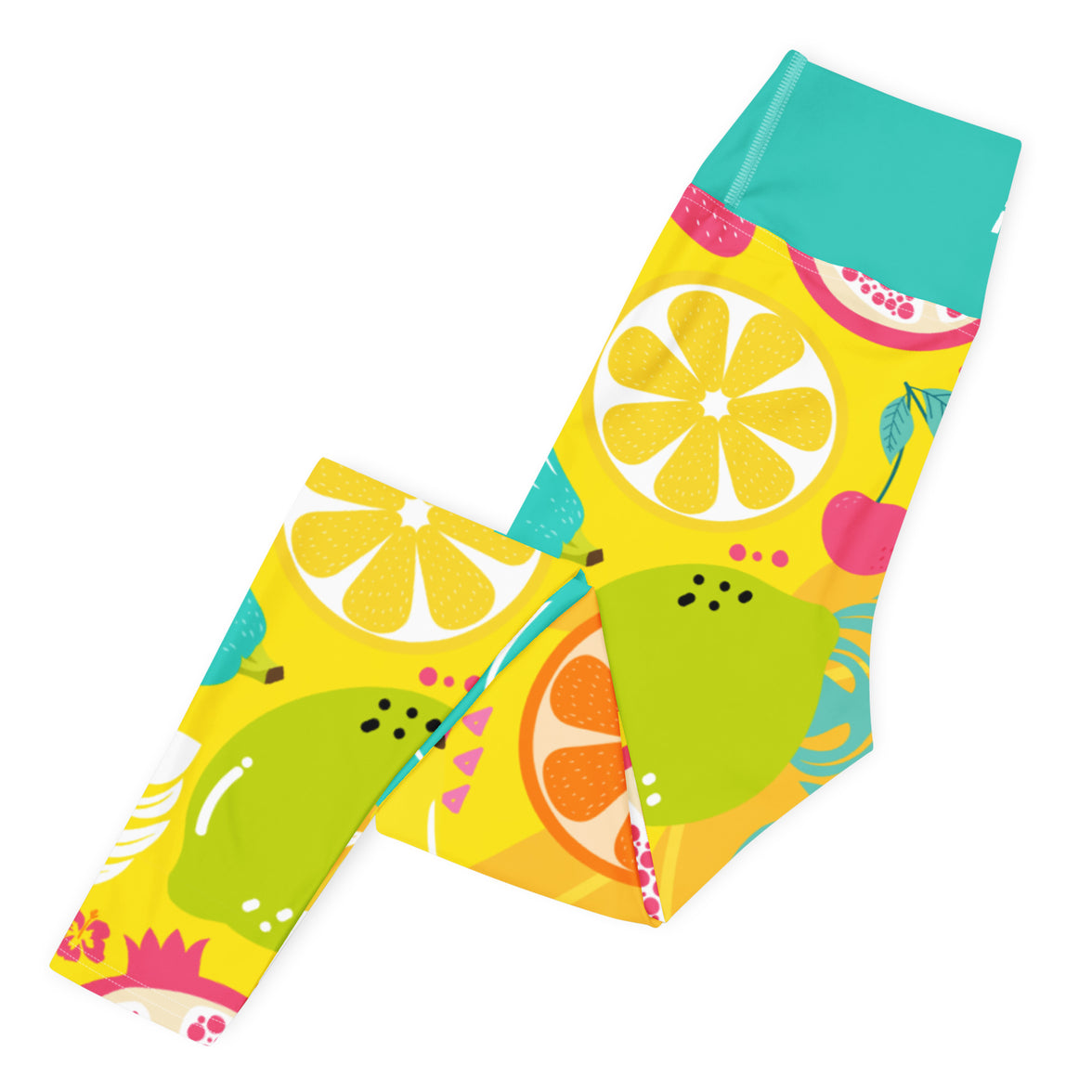 Fresh Start yoga leggings with vibrant colors, eco-friendly women’s activewear left folded view
