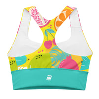 "Fresh Start" longline sports bra with teal band, medium-high support activewear back view