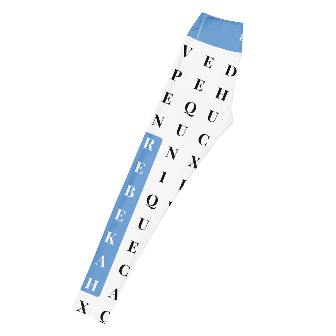 Left long view of "Name Game Strong" statement workout leggings with custom name in blue, eco-friendly women’s activewear 
