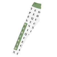 Left long view of "Name Game Strong" statement workout leggings with custom name in green, eco-friendly women’s activewear 
