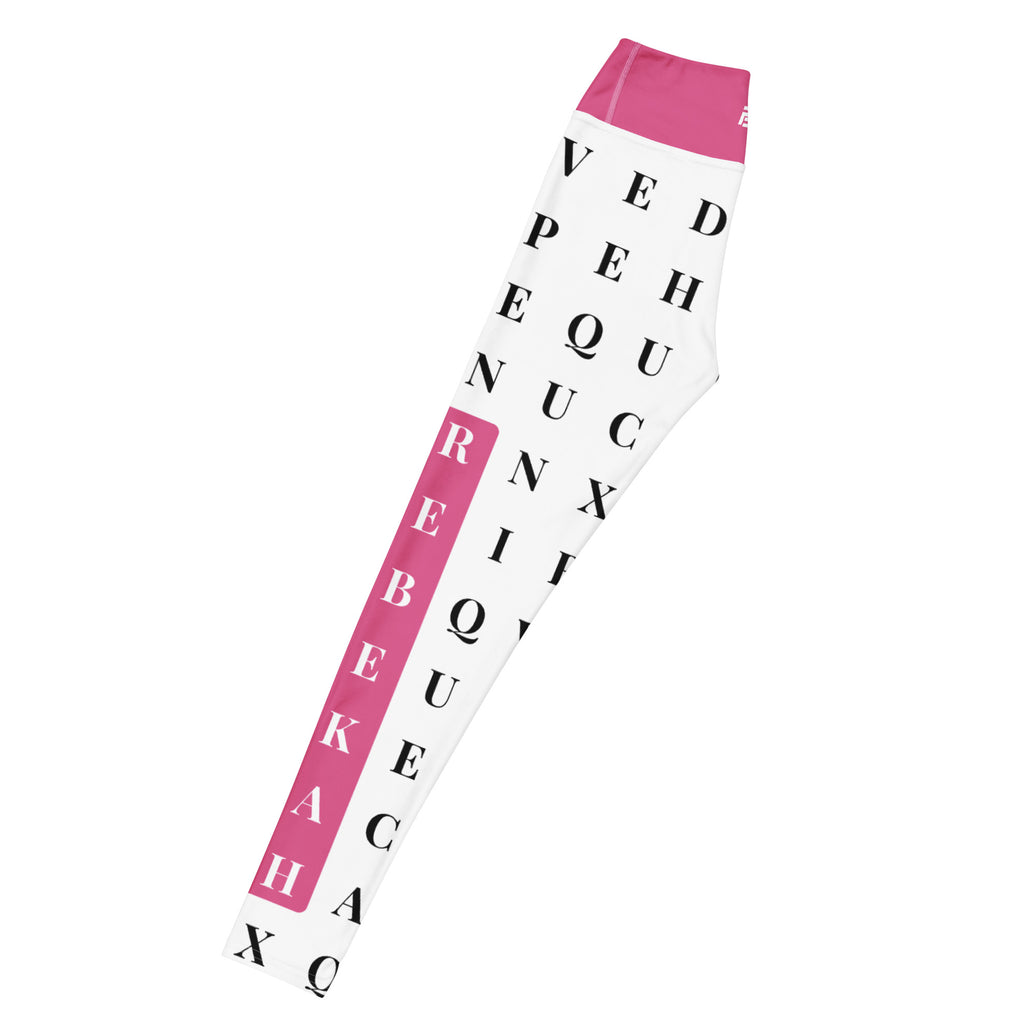 Left long view of "Name Game Strong" pink workout leggings with word search and custom name, eco-friendly women’s activewear 