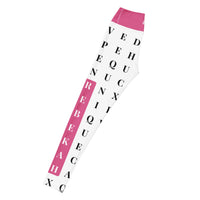 Left long view of "Name Game Strong" pink workout leggings with word search and custom name, eco-friendly women’s activewear 