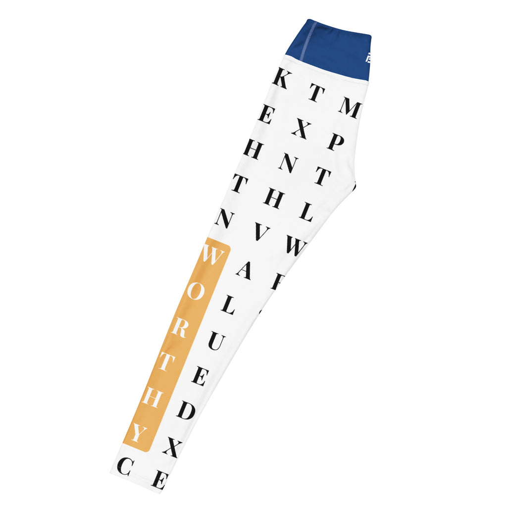 Left long view of "The Gold Standard" statement workout leggings with word search, eco-friendly women’s activewear 