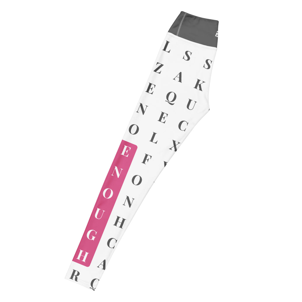 Left long view of "Worth the Search" statement workout leggings with word search, eco-friendly women’s activewear 