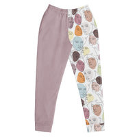 "Mindful Muse" joggers with abstract pattern and lilac colorblock, women’s bold activewear front view
