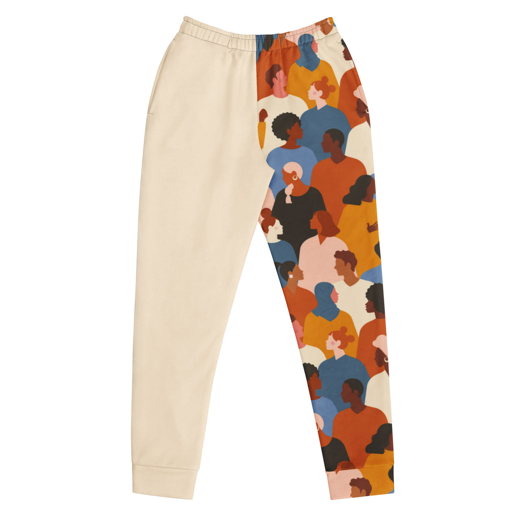 "Original Energy" joggers with abstract pattern and beige colorblock, women’s bold activewear front view