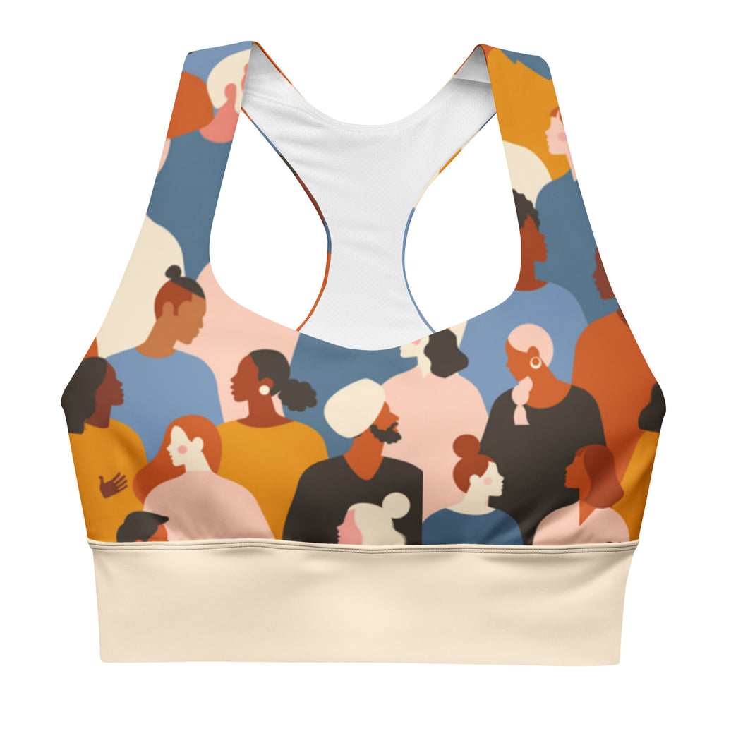 "Original Energy" longline sports bra with beige band, medium-high support activewear front view