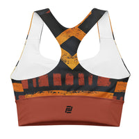 "Rooted Royalty" longline sports bra with rust band, medium-high support activewear back view