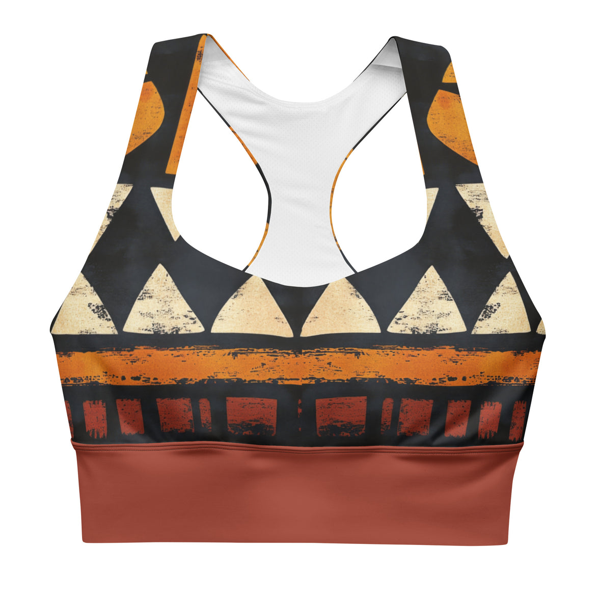 "Rooted Royalty" longline sports bra with rust band, medium-high support activewear front view