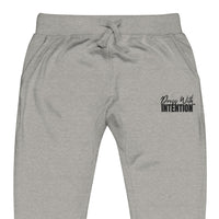 Zoomed in front view of "Dress With Intention" unisex joggers in carbon grey