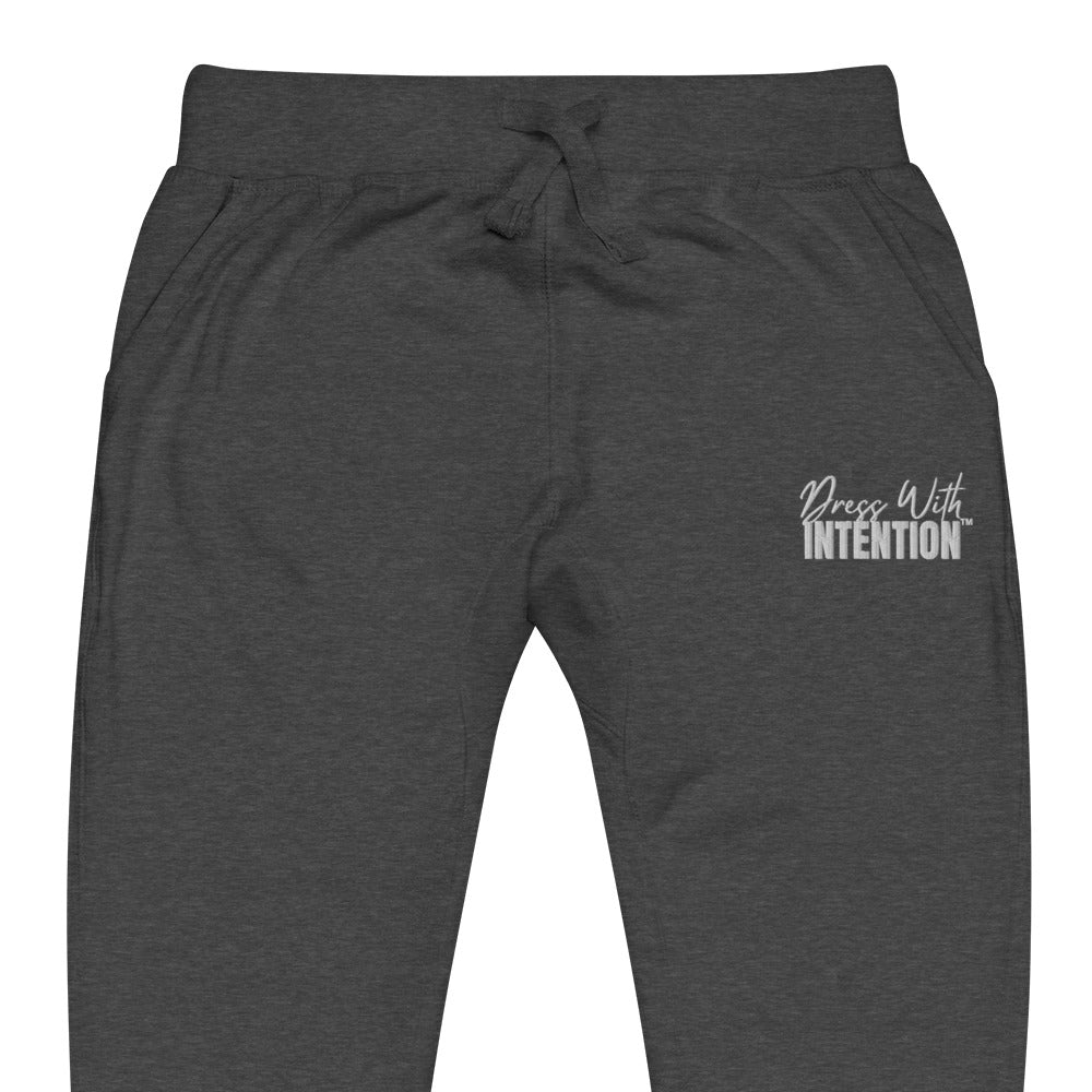 Zoomed in front view of "Dress With Intention" unisex joggers in charcoal heather