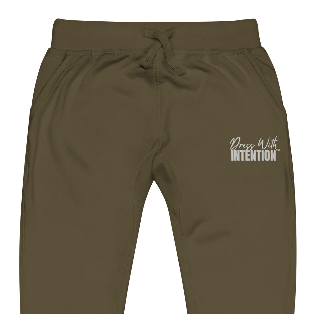 Zoomed in front view of "Dress With Intention" unisex joggers in military green
