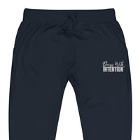Zoomed in front view of "Dress With Intention" unisex joggers in navy